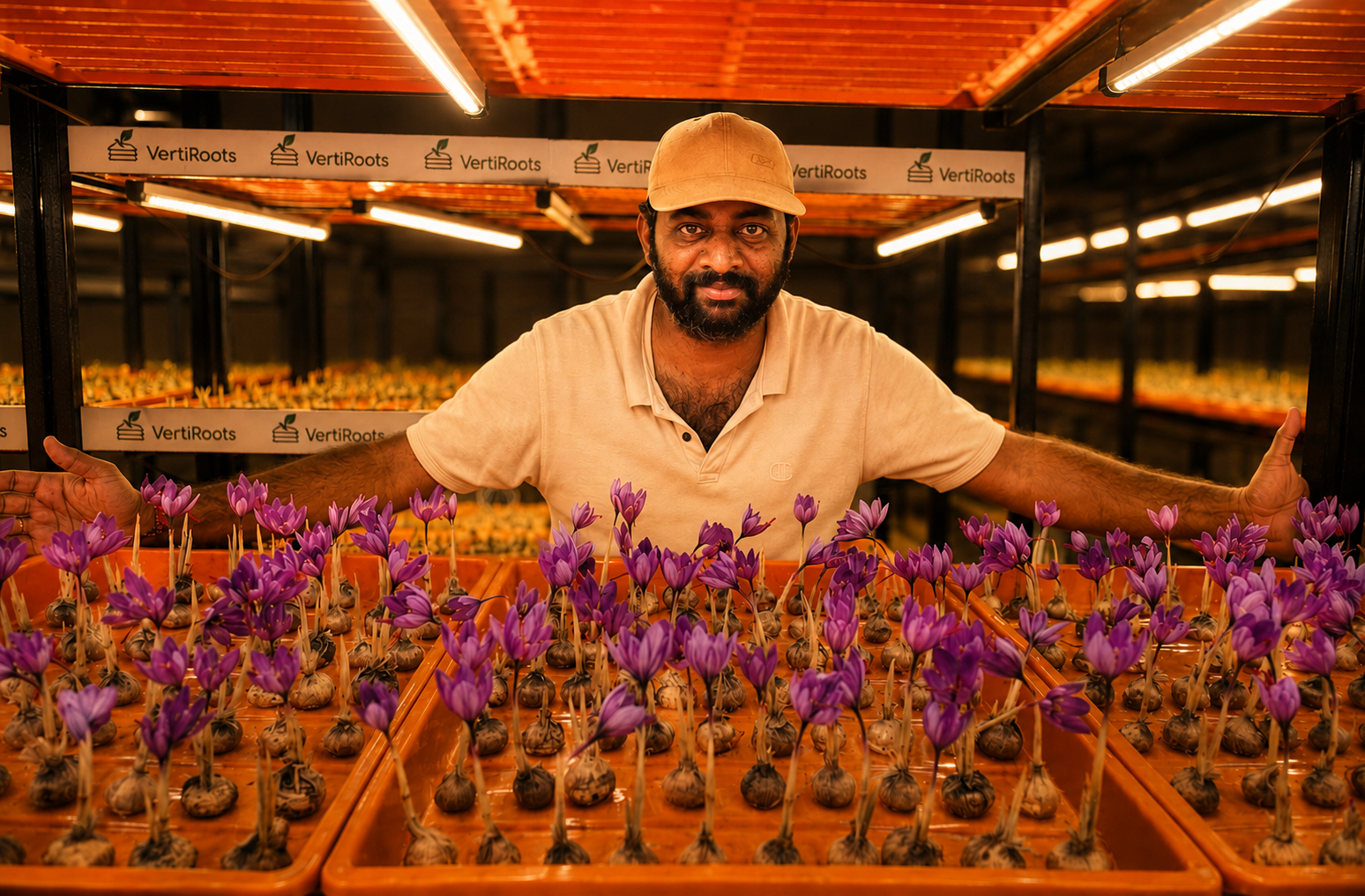 Founder inside Chamber 01 with blooming saffron crocus trays under climate-stabilised lighting